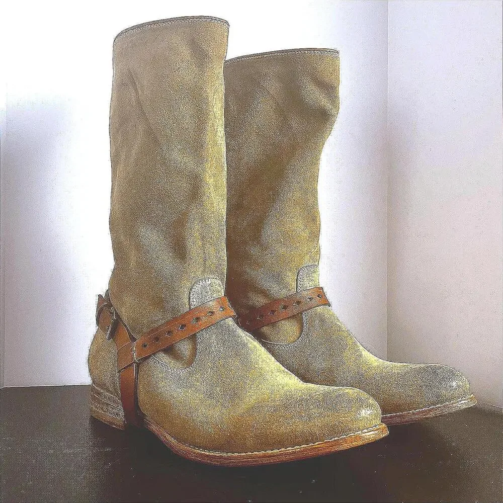 NDC Women's Brown Hand Made Suede Riding Boots with Leather Straps - Size‎ 6.5